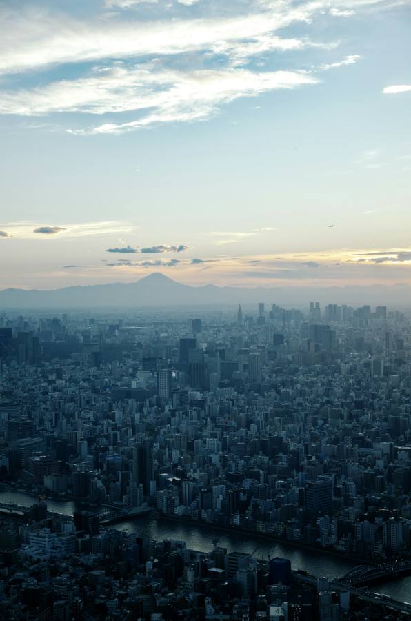Tokyo skyline at dusk with Mount Fuji, Japan